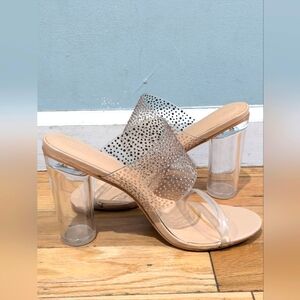Cushionaire Nori Rhinestone Studded Lucite Dress Heel Sandal, Size 8.5